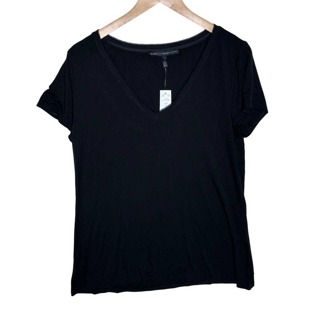 NWT White House Black Market V-neck Short Sleeve Shirt size Large Black